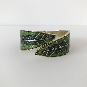 Hinged leaf bangle bracelet, green red enamel